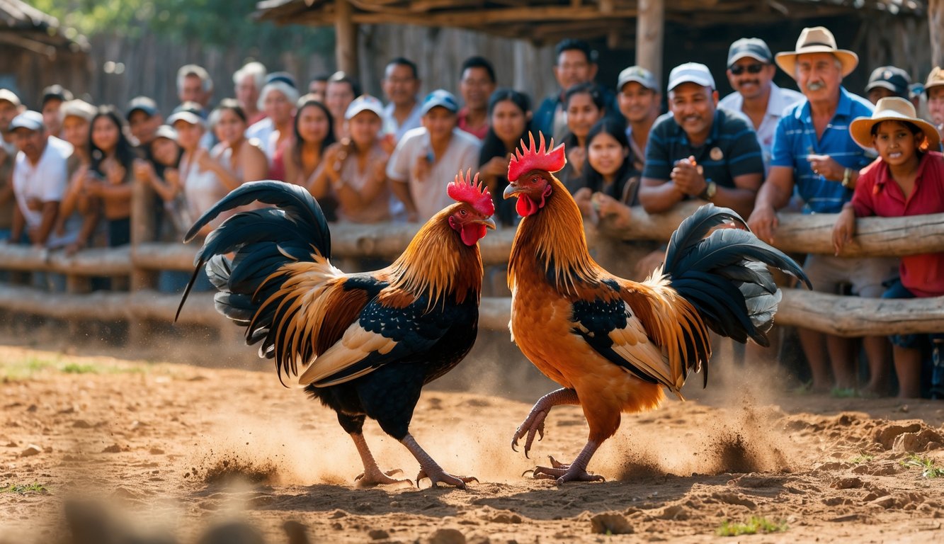 Dua ayam jantan sedang bertarung di arena sabung ayam dengan penonton yang antusias mengamati dari dekat.