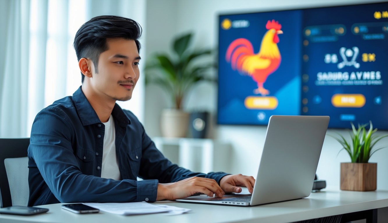 Seorang pria muda Asia Tenggara duduk di meja dengan laptop, tampak fokus dan serius di ruangan yang terang dan rapi.