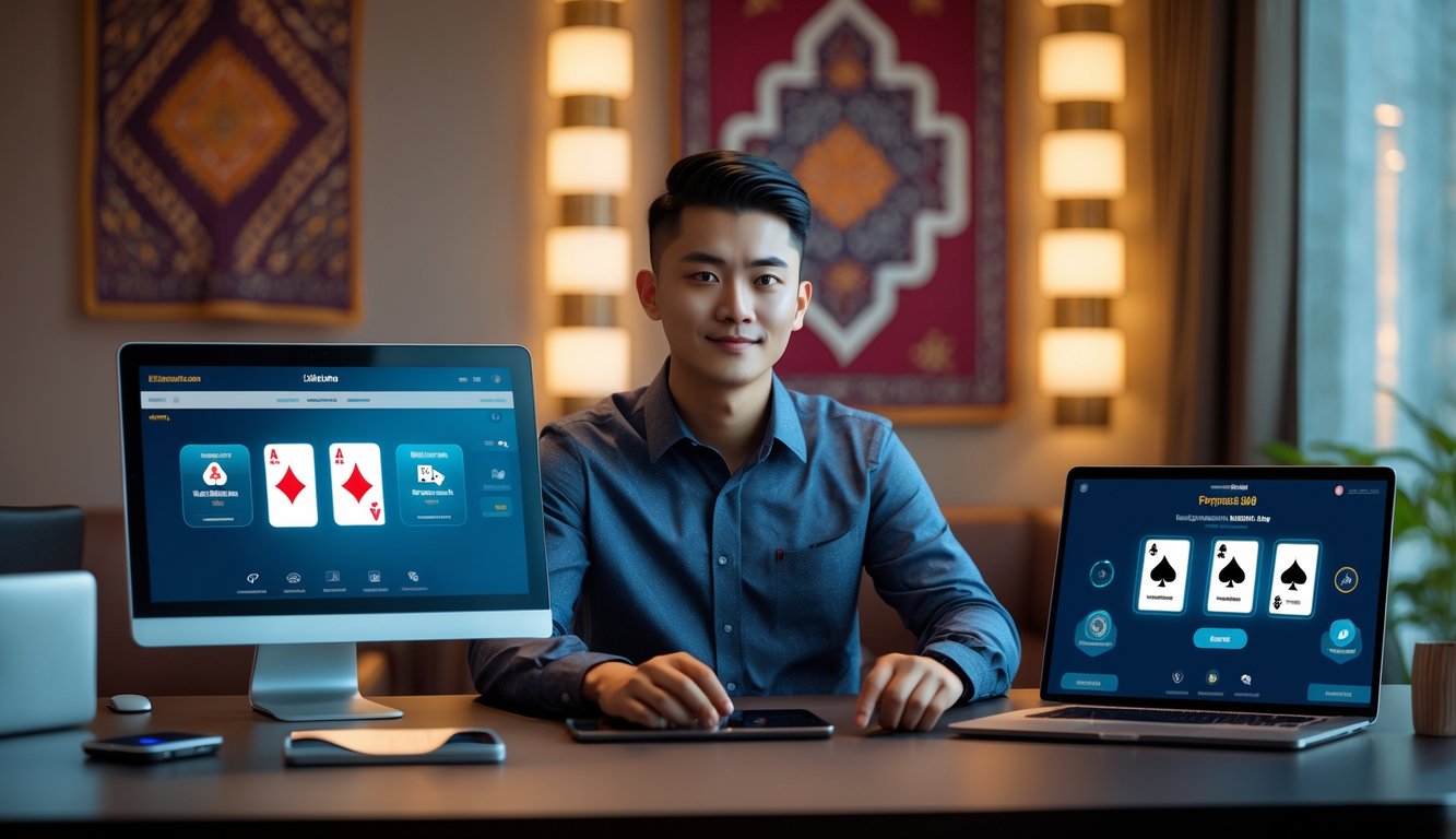 Seorang pria muda Indonesia duduk di meja dengan laptop dan ponsel yang menampilkan permainan poker online, di ruangan dengan dekorasi batik dan pencahayaan hangat.