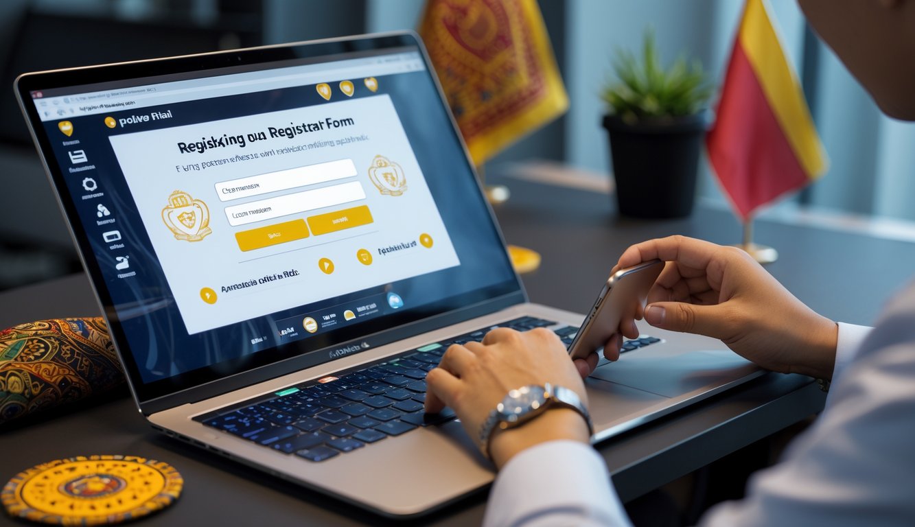 Seseorang sedang mendaftar di situs poker online menggunakan laptop dan ponsel di ruang kerja yang terang dan modern.