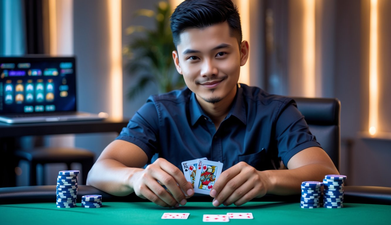 Seorang pria muda Indonesia duduk di meja poker dengan kartu dan tumpukan chip, tampak fokus dan tersenyum di ruangan yang terang dan modern.