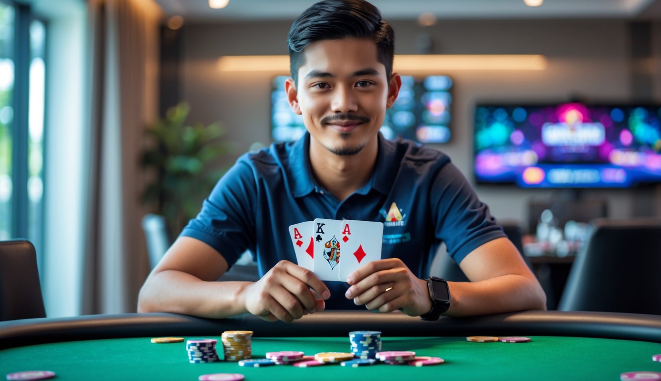 Seorang pria muda Indonesia duduk di meja poker dengan kartu dan chip, terlihat fokus dan percaya diri dalam suasana bermain poker online.
