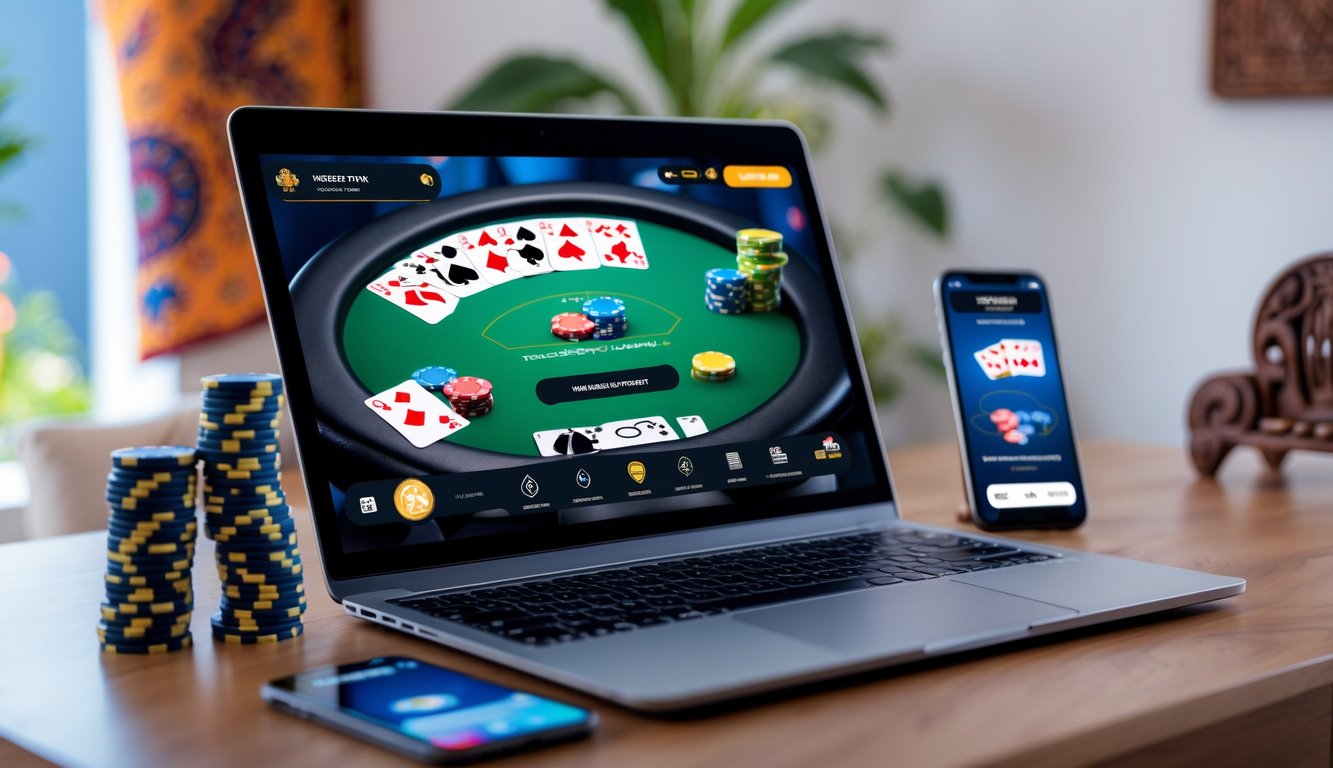 Seorang pemain poker online menggunakan laptop dengan tumpukan chip poker di meja, di latar belakang suasana ruangan yang nyaman.