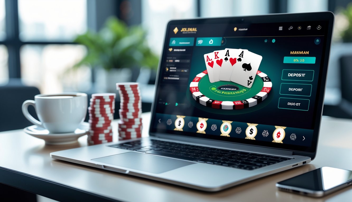 Sebuah meja kerja dengan laptop yang menampilkan permainan poker online, tumpukan chip poker, ponsel dengan layar transaksi deposit, dan secangkir kopi.