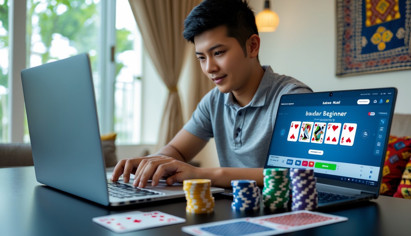 Seorang pria muda sedang bermain Bandar Poker online di depan laptop di sebuah ruangan yang nyaman dengan dekorasi batik.