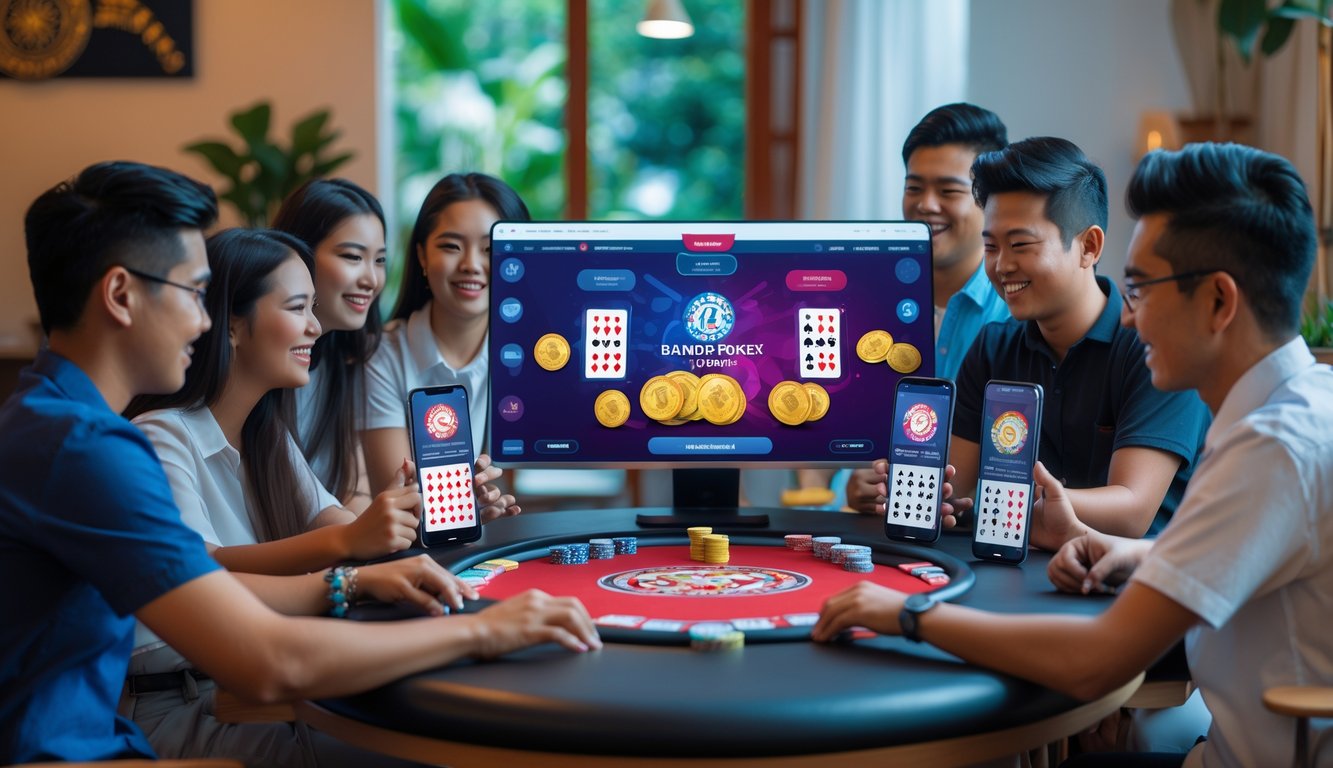 Sekelompok orang muda bermain poker online di ruang tamu modern dengan komputer dan ponsel, terlihat fokus dan senang.