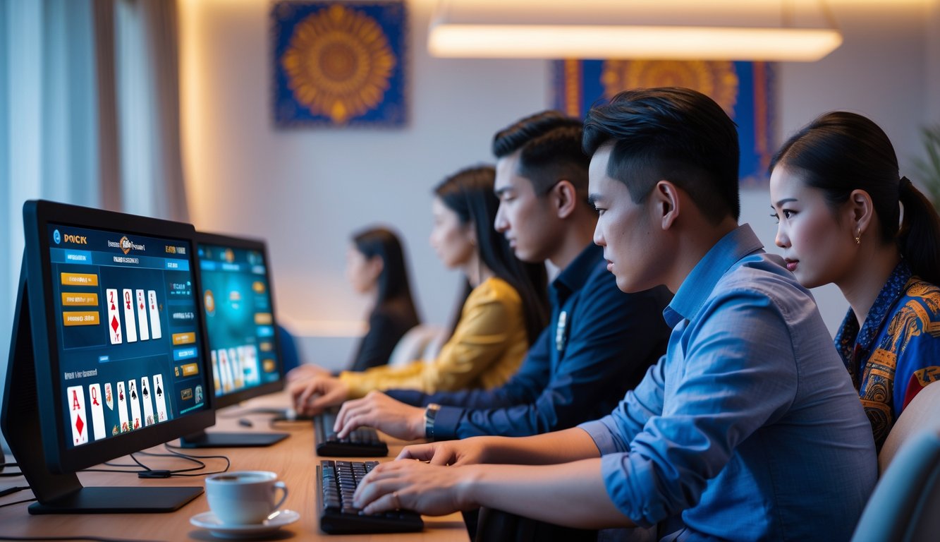 Sekelompok orang bermain poker online di depan komputer dalam ruangan yang nyaman dengan elemen budaya Indonesia.