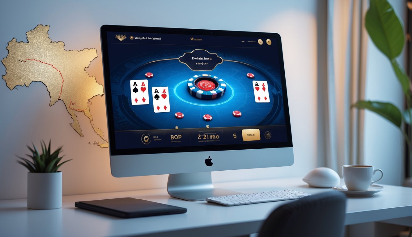 Layar komputer menampilkan permainan poker online dengan suasana kerja yang rapi dan profesional.