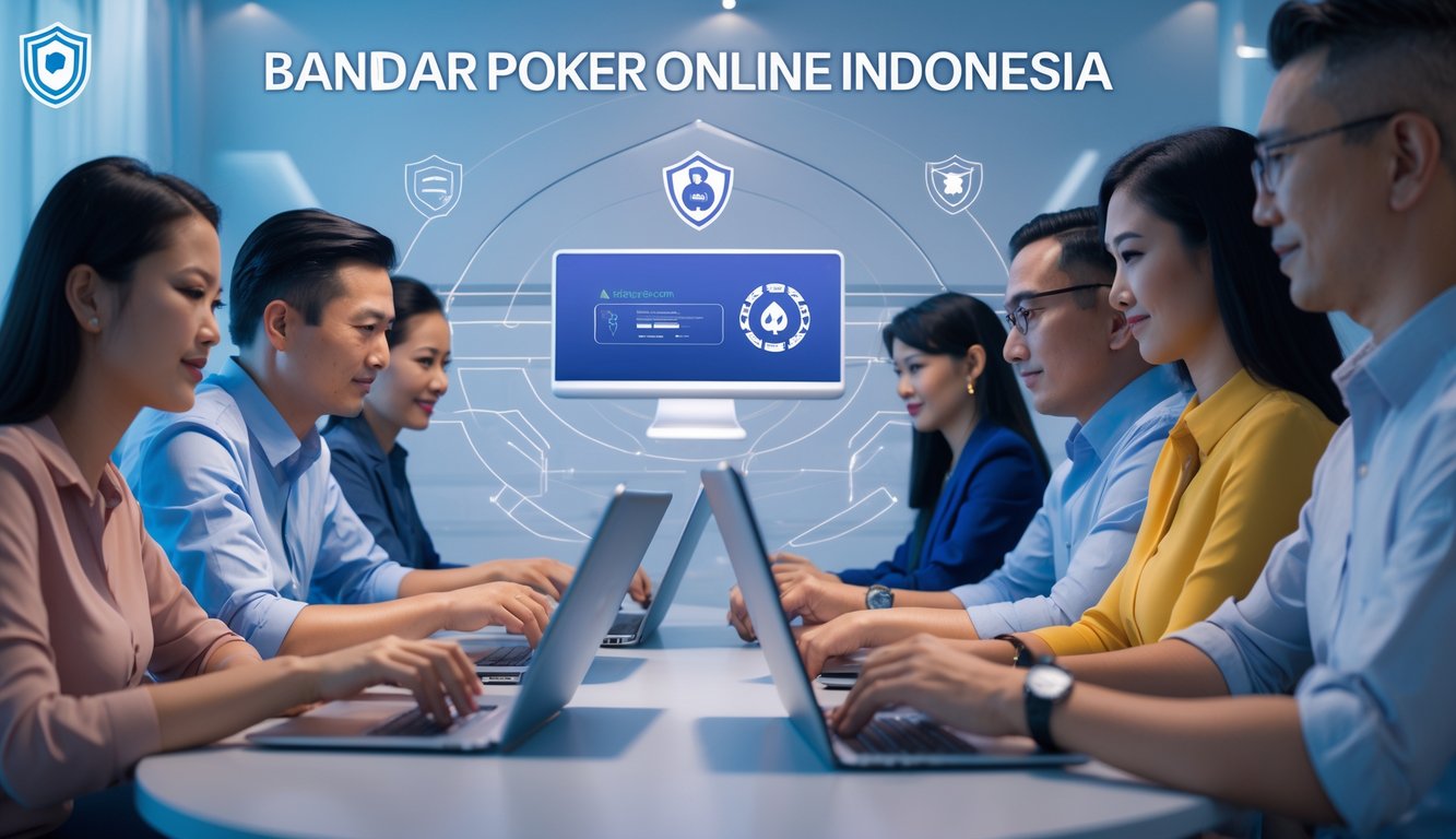 Sekelompok orang dewasa bermain poker online dengan perangkat digital di ruangan modern yang aman dan nyaman.