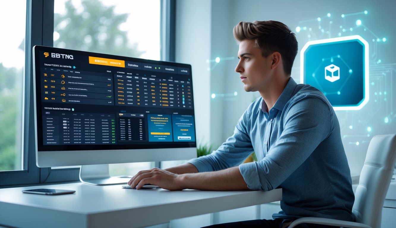 Seorang pria muda duduk di depan komputer dengan tampilan statistik taruhan olahraga, menunjukkan pengalaman taruhan yang terpercaya dan stabil tanpa gangguan.