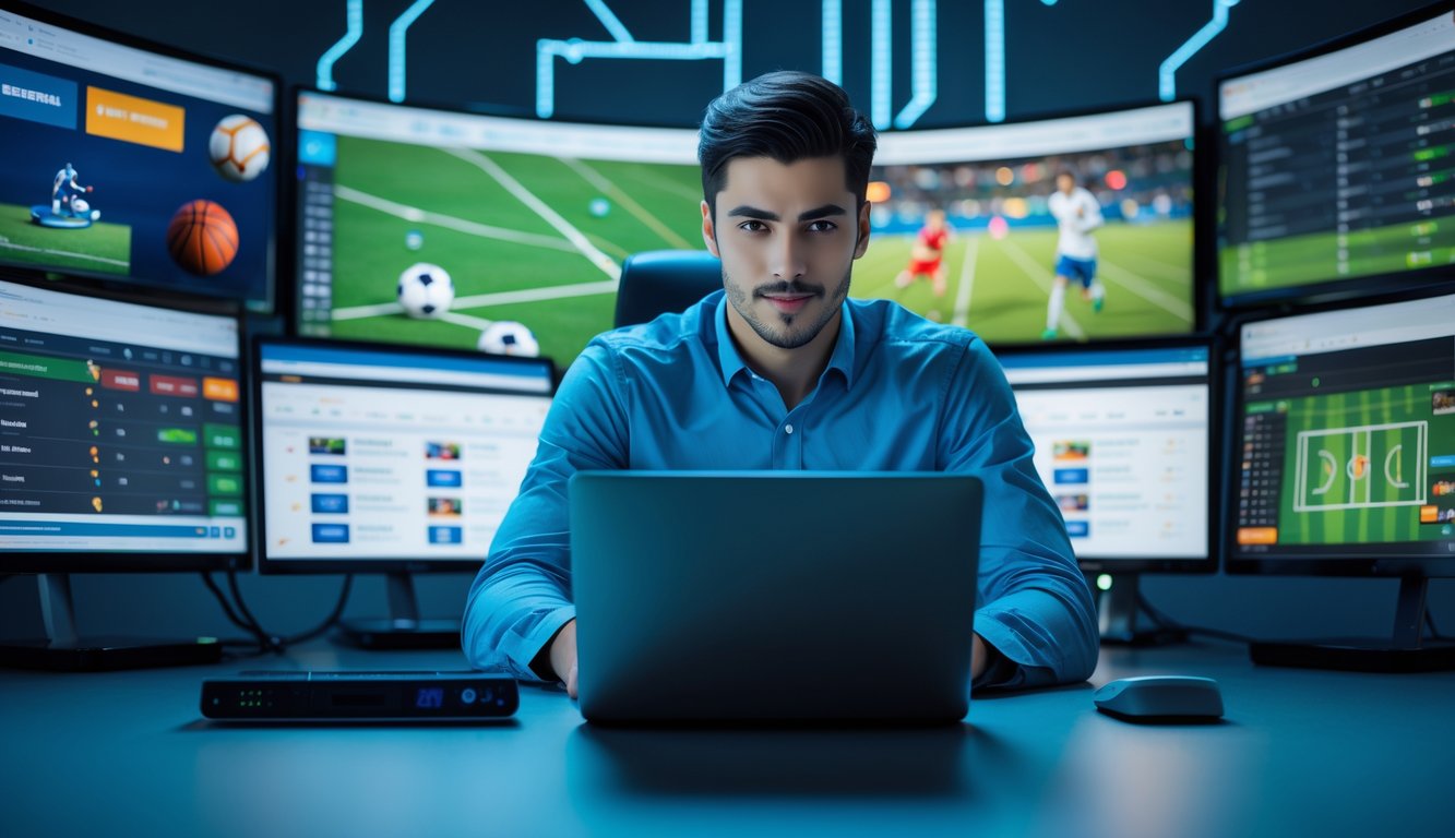 Seorang pria muda duduk di meja dengan laptop dan beberapa layar menampilkan pertandingan olahraga, terlihat fokus dan santai di ruangan kantor modern.