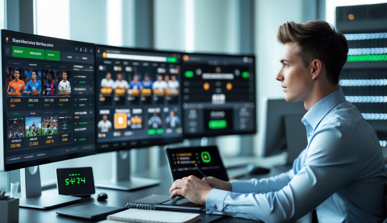 Seseorang duduk di meja dengan beberapa layar komputer yang menampilkan pertandingan olahraga dan data taruhan, di ruang kantor modern dengan pencahayaan alami dan perangkat teknologi di sekitar.