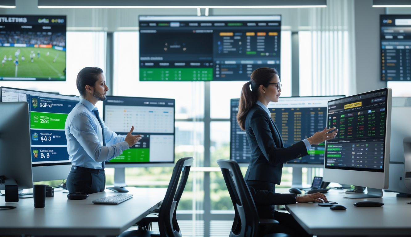 Dua orang di kantor modern sedang melihat layar komputer yang menampilkan pertandingan olahraga dan data taruhan.