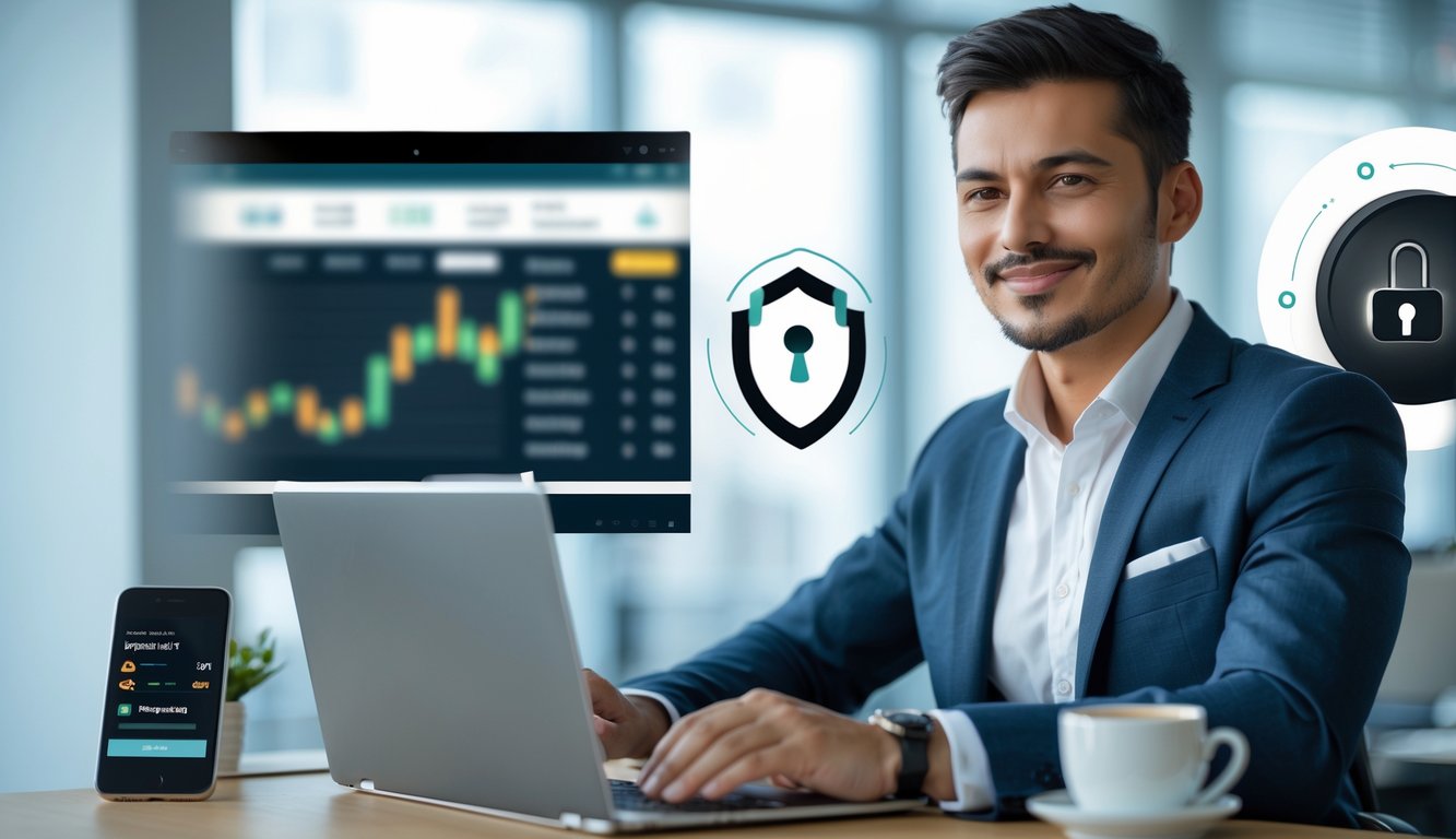 Seorang pria menggunakan laptop di kantor modern dengan suasana profesional dan tenang.