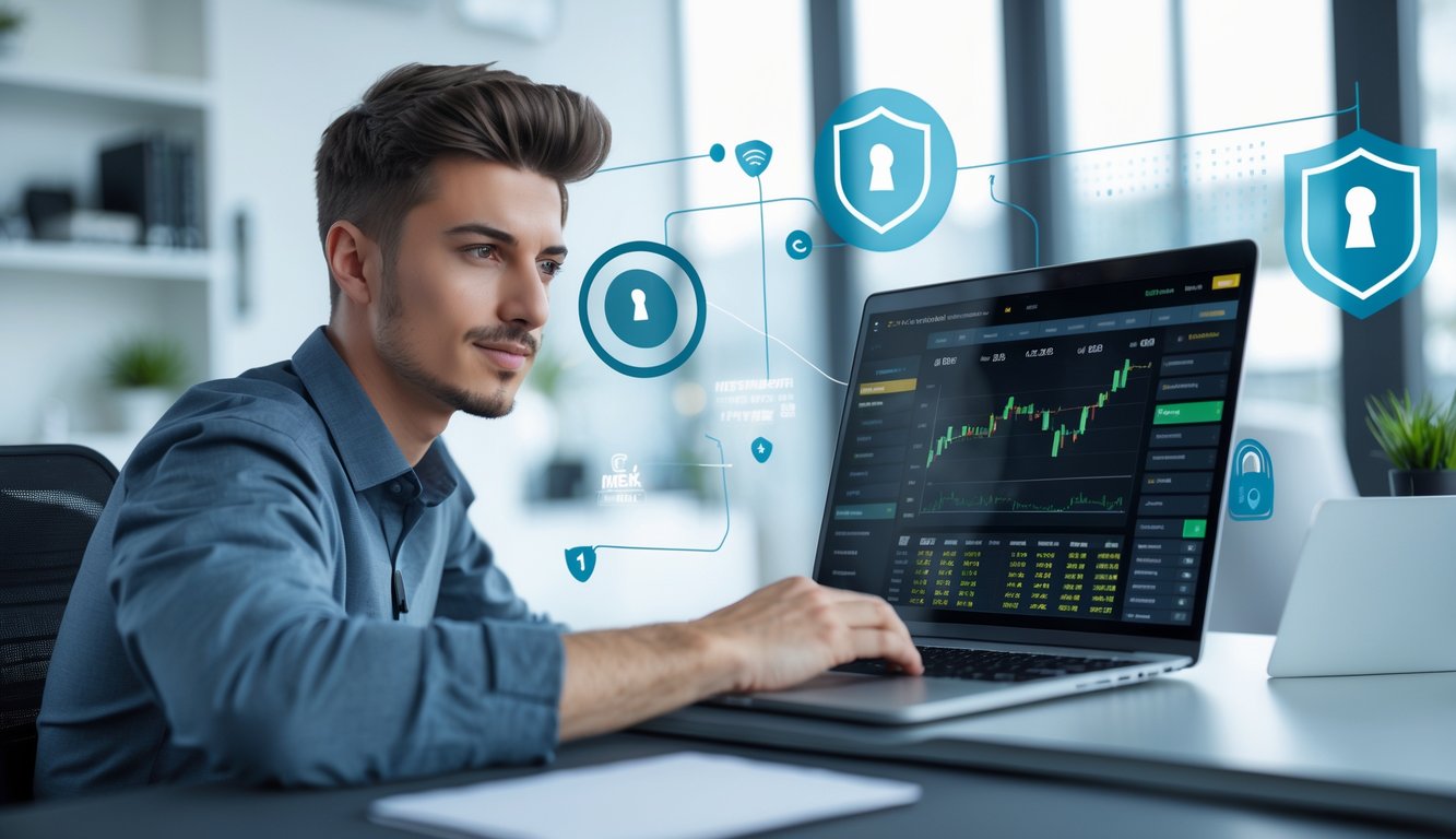 Seorang pria muda menggunakan laptop di ruang kerja modern dengan tampilan antarmuka taruhan bola online di layar, menunjukkan suasana aman dan terpercaya.