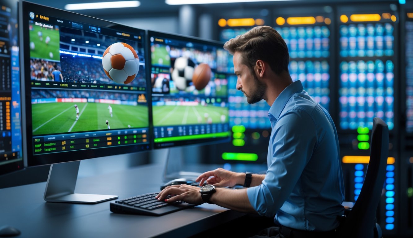 Seorang pria fokus menggunakan komputer dengan layar menampilkan pertandingan olahraga, di latar belakang terlihat rak server yang menyala.