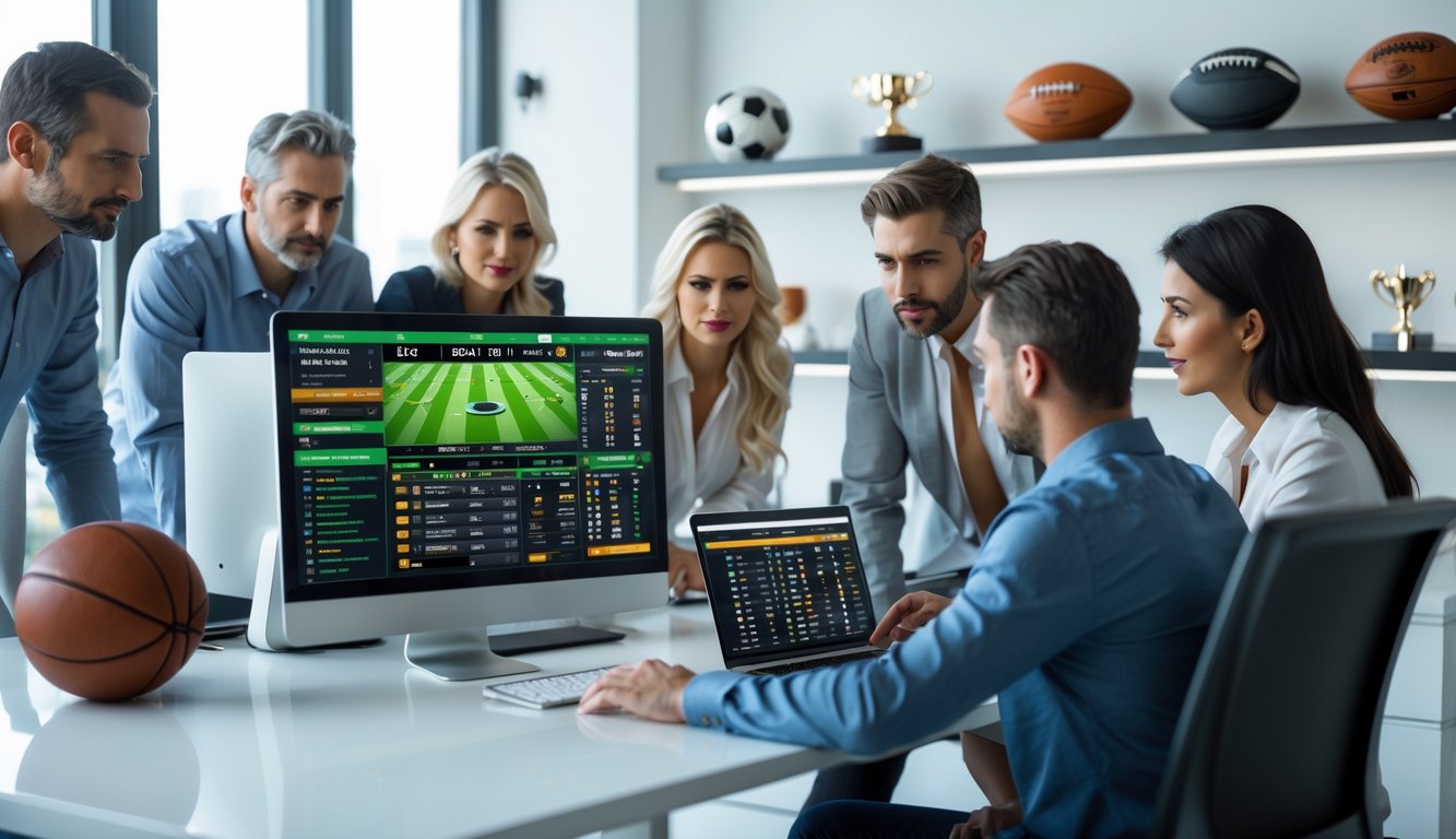 Orang-orang sedang bekerja bersama di ruang kantor dengan komputer yang menampilkan antarmuka taruhan olahraga.