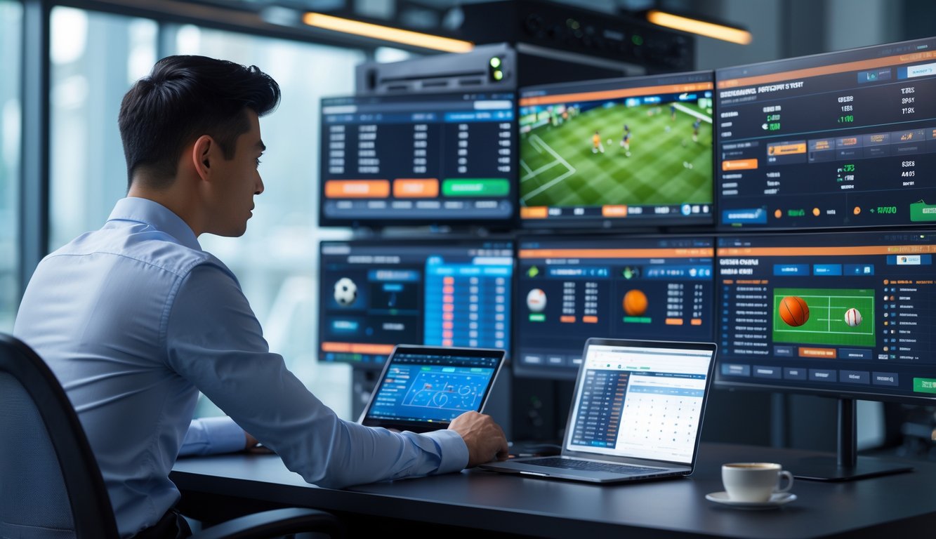 Seorang pria muda sedang menganalisis layar komputer yang menampilkan pertandingan olahraga dan statistik taruhan di sebuah kantor modern dengan server stabil di latar belakang.