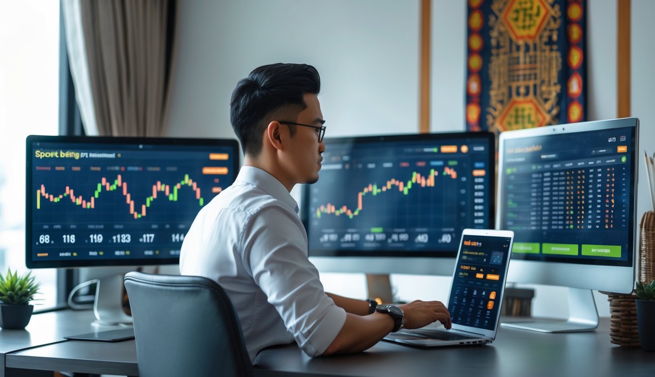 Seorang pria muda Indonesia duduk di meja dengan beberapa monitor komputer yang menampilkan data taruhan olahraga, menggunakan laptop dan ponsel dalam ruangan kantor rumah yang modern.