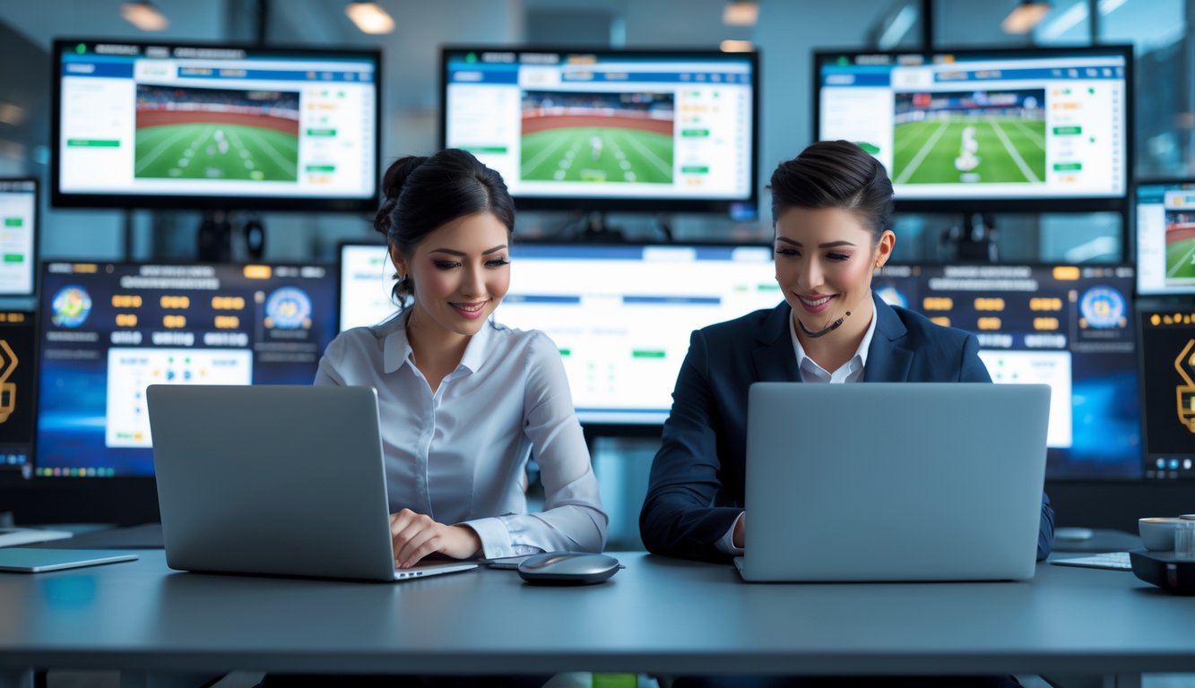 Seorang pria dan wanita duduk di meja modern dengan laptop, menonton pertandingan olahraga di layar besar di belakang mereka.