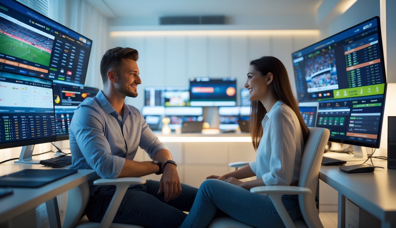 Dua orang dewasa muda sedang menggunakan komputer dengan tampilan pertandingan olahraga dan peluang taruhan di layar, di ruang kerja yang rapi dan modern.