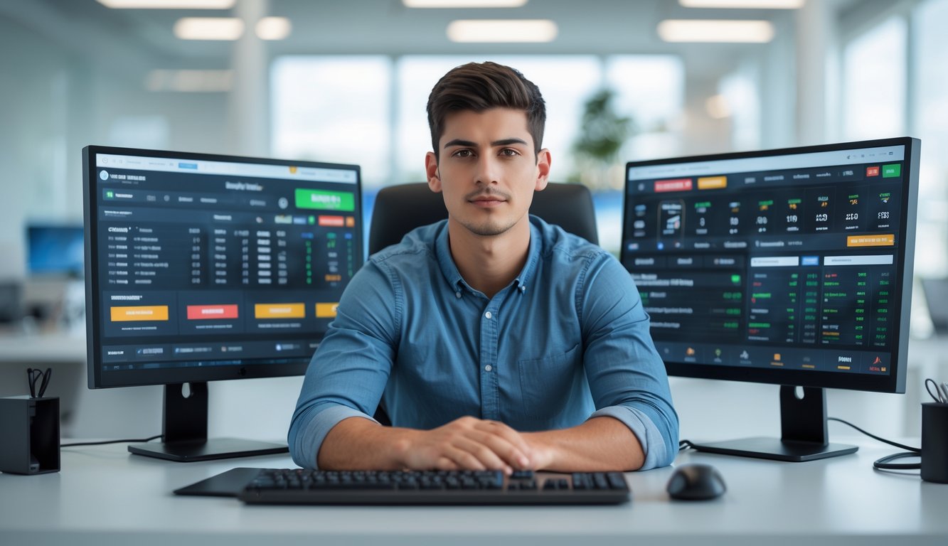 Seorang pria muda duduk di meja dengan beberapa monitor komputer yang menampilkan acara olahraga dan data taruhan, di kantor modern dengan peralatan teknologi di latar belakang.