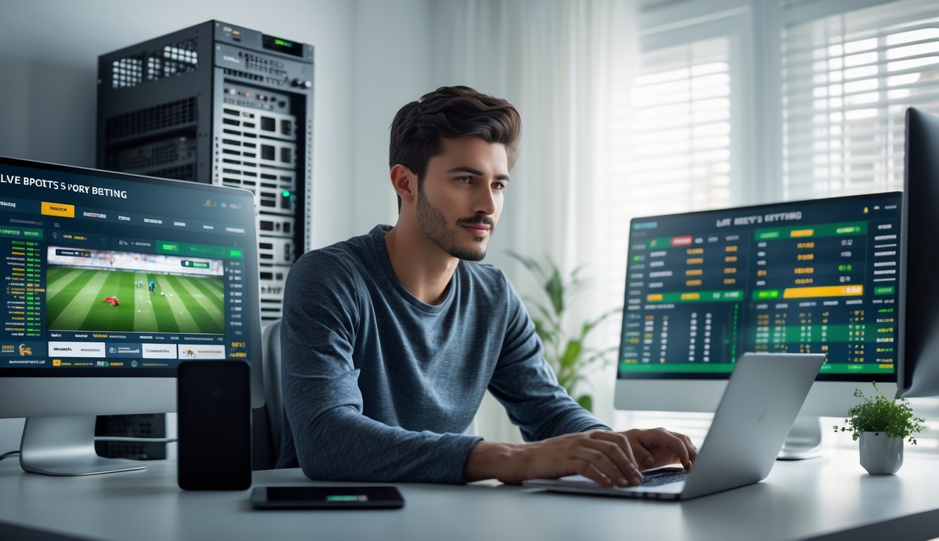 Seorang pria muda duduk di meja dengan beberapa layar komputer yang menampilkan acara olahraga dan peluang taruhan, di ruang kerja modern dengan perangkat teknologi di latar belakang.
