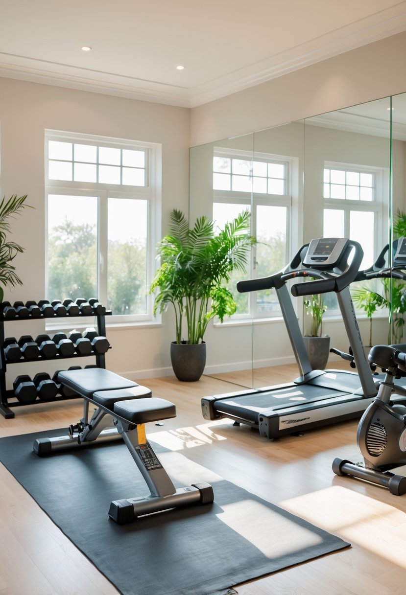 A home gym with dumbbells, weight bench, treadmill, yoga mat, large windows, and indoor plants.
