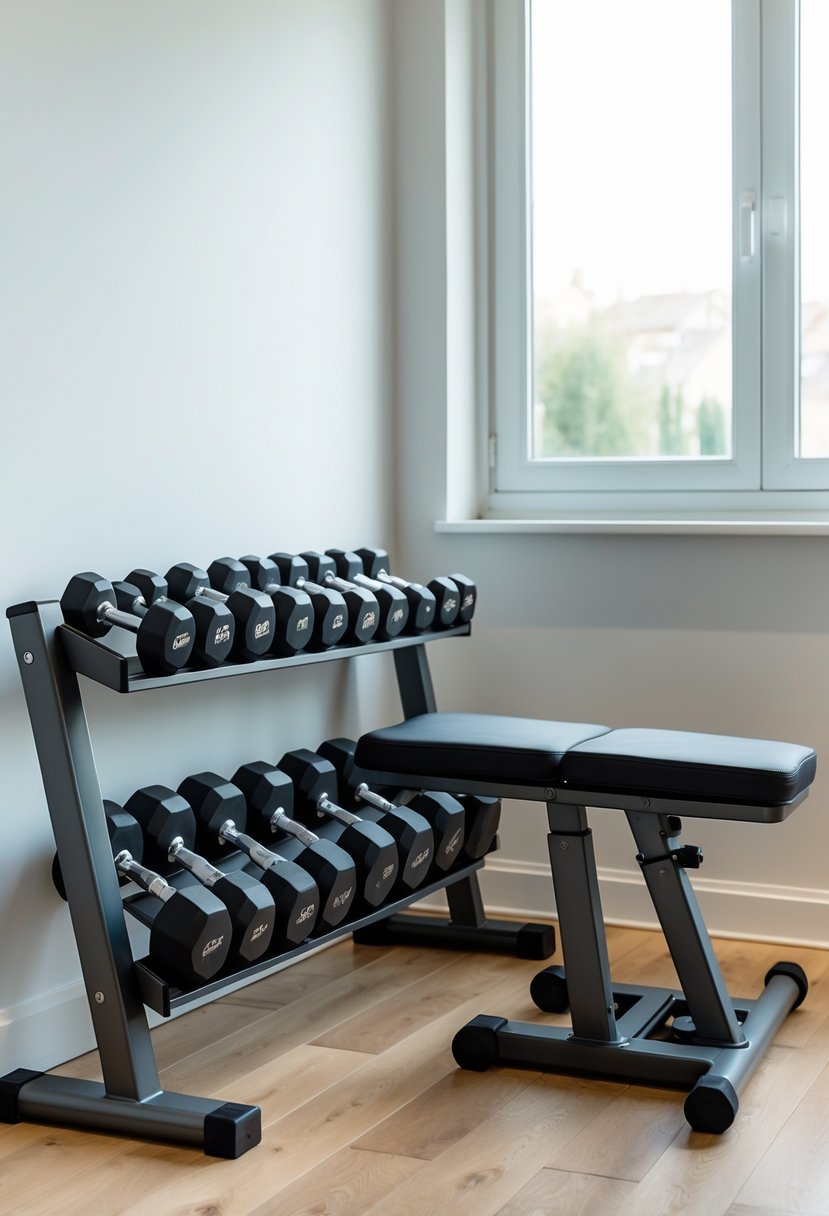 A home gym corner with adjustable dumbbells on a rack next to a foldable workout bench.