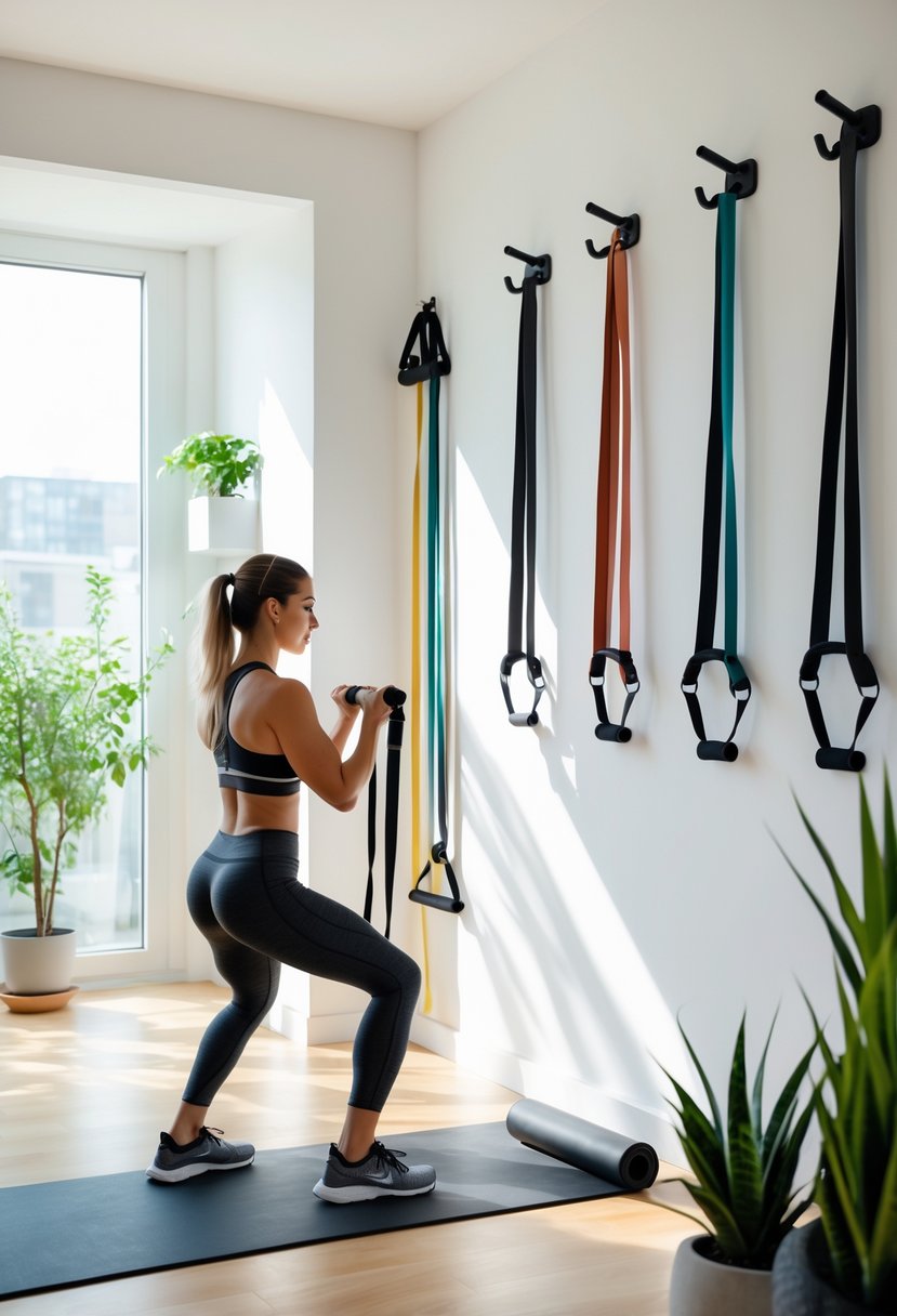 A person exercising with wall-mounted resistance bands in a bright and organized home gym.