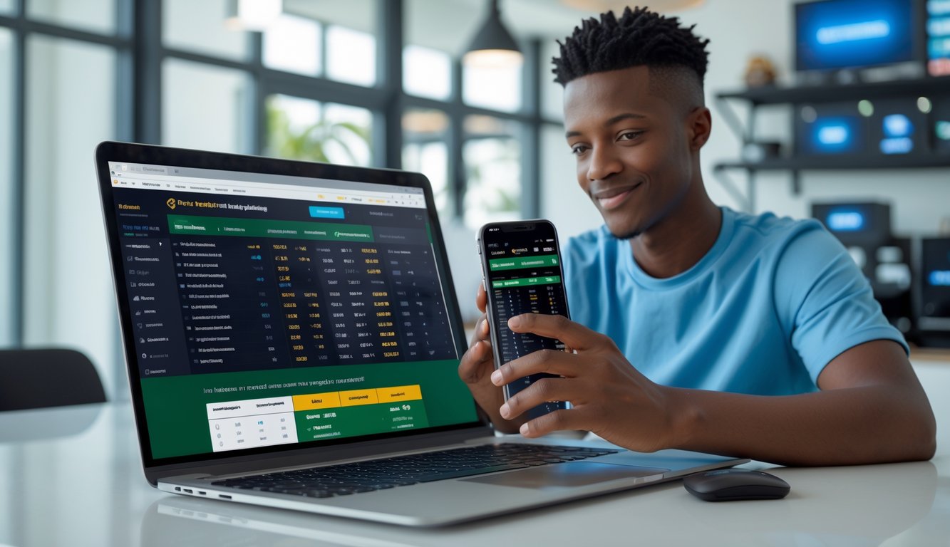 Seseorang menggunakan laptop dan ponsel di ruang kerja modern dengan tampilan situs taruhan olahraga di layar.