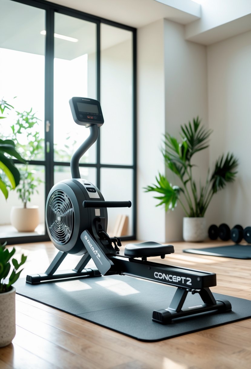 A compact rowing machine in a bright, organized home gym with wooden floors and fitness accessories nearby.