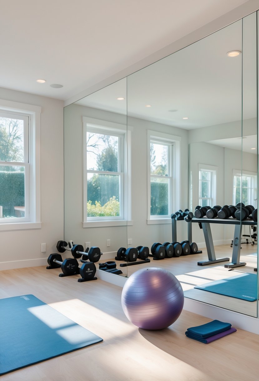 A home gym with a large mirrored wall, workout equipment, and natural light coming through a window.