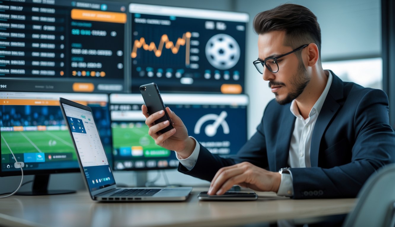 Seseorang sedang menggunakan laptop dan ponsel di ruang kerja dengan layar yang menampilkan pertandingan olahraga dan data taruhan.