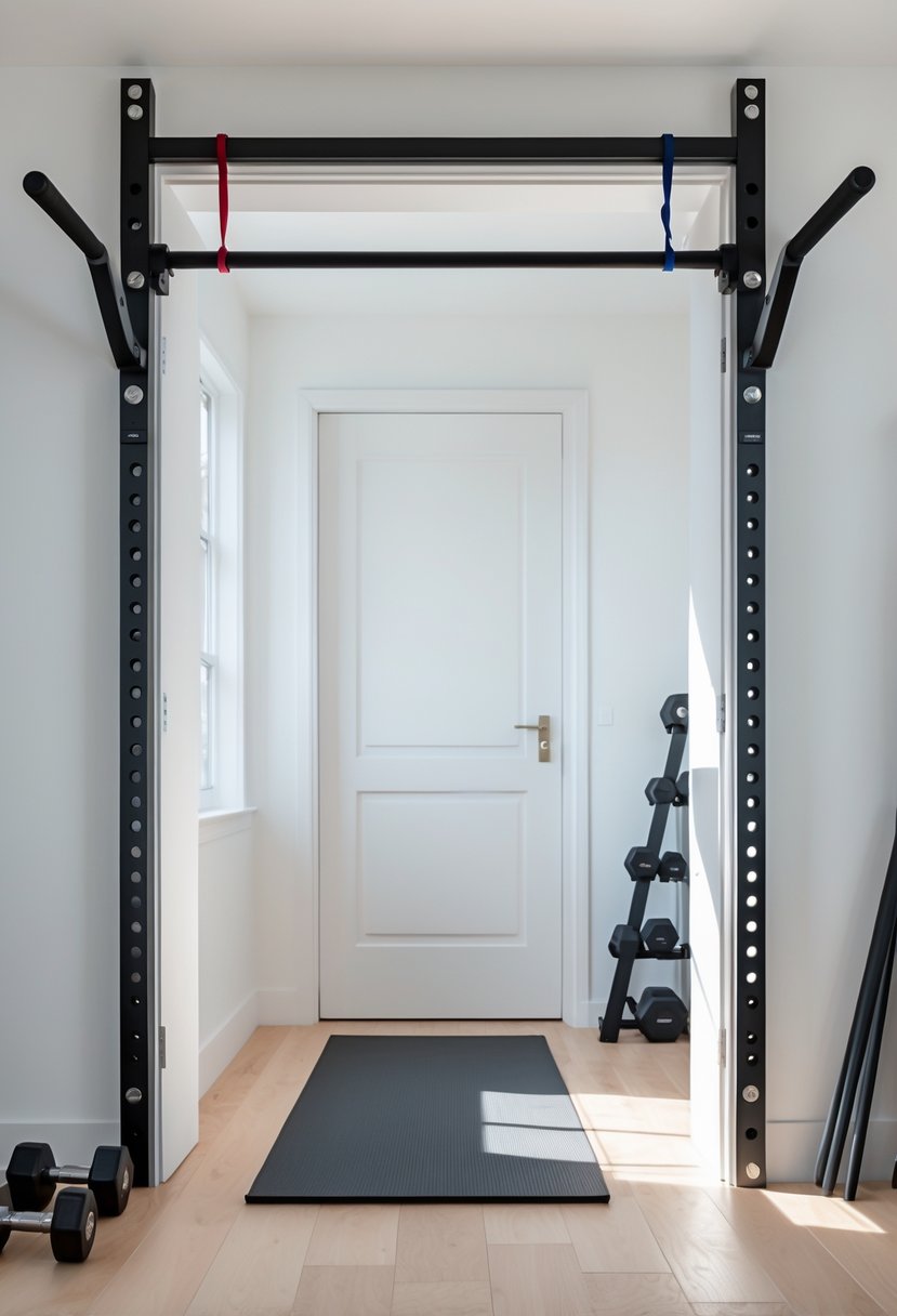A home gym setup with a pull-up bar installed above a doorway, surrounded by gym equipment in a bright room.