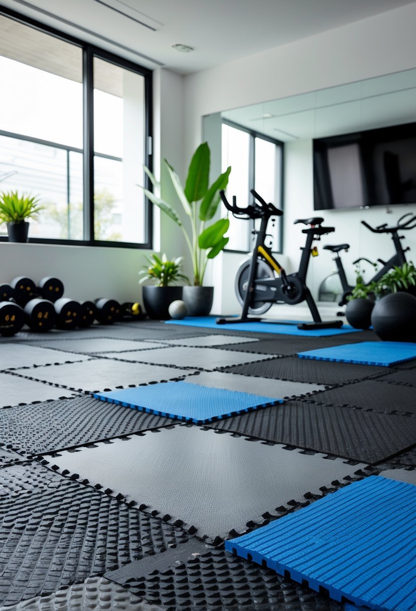 A home gym room with rubber flooring tiles and various exercise equipment arranged neatly.