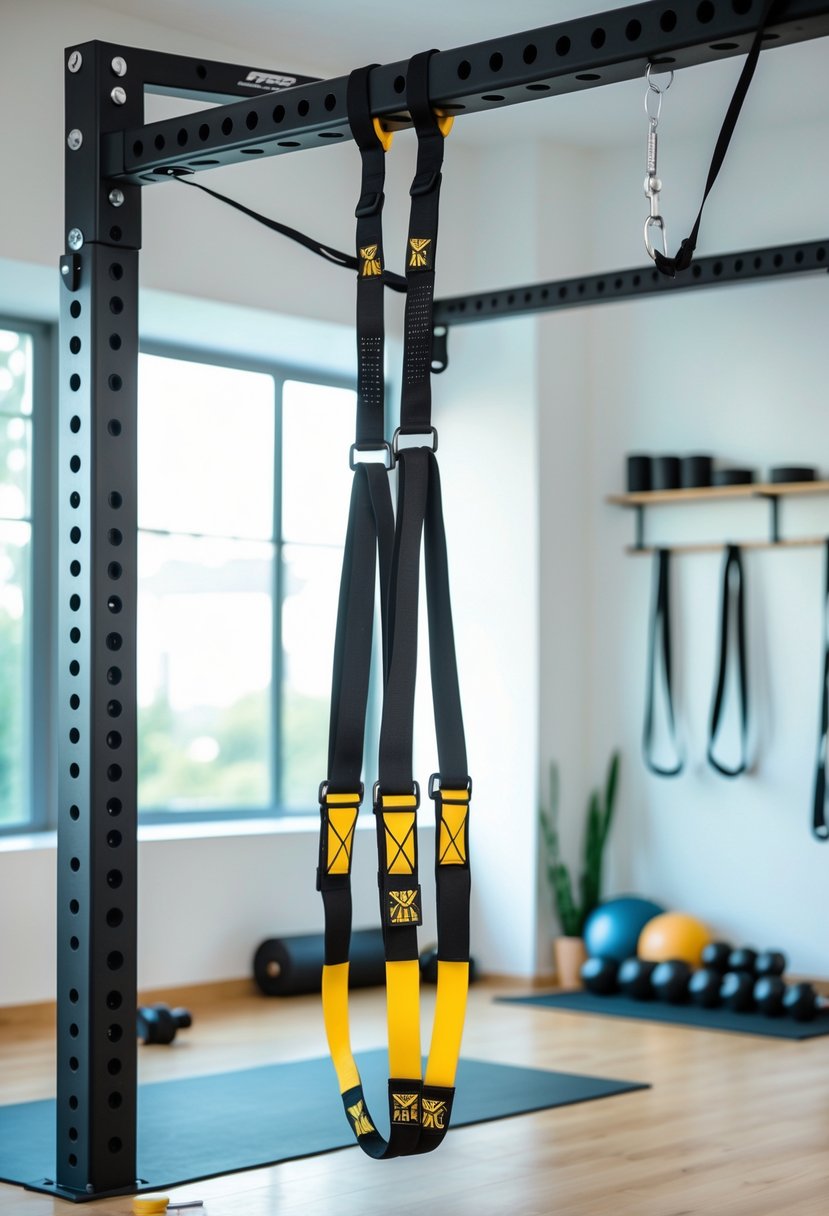 A suspension trainer hanging in a bright home gym with wooden floors and fitness accessories in the background.