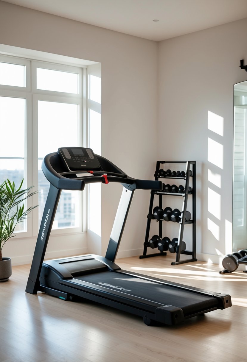 A foldable treadmill set up in a bright and tidy home gym room with hardwood floors and natural light.