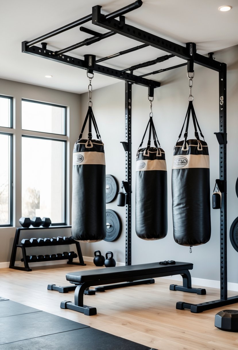 A home gym with heavy boxing bags hanging from the ceiling and various workout equipment arranged around the room.