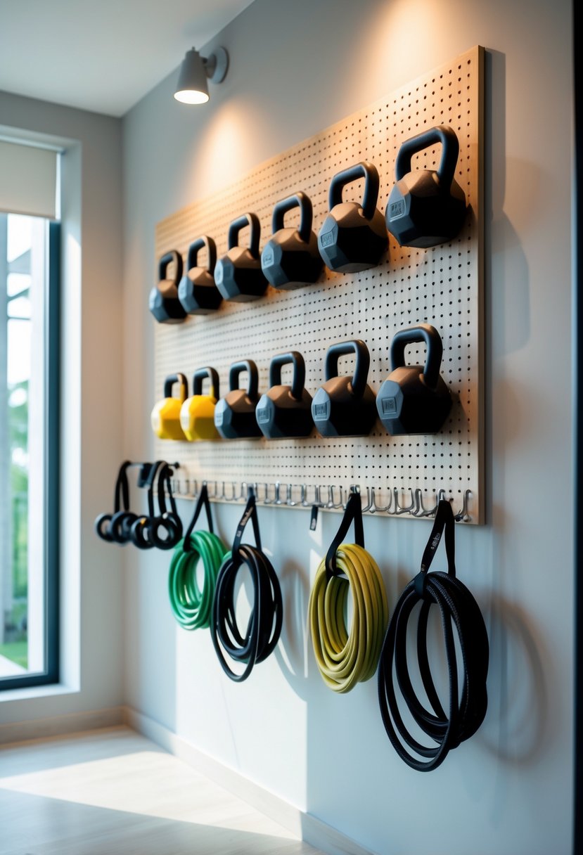 A home gym wall with a wooden pegboard organizing kettlebells and jump ropes in a clean workout space.