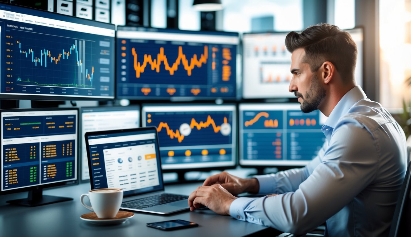 Seorang pria duduk di meja kantor modern, menganalisis layar komputer yang menampilkan statistik olahraga dan data taruhan.