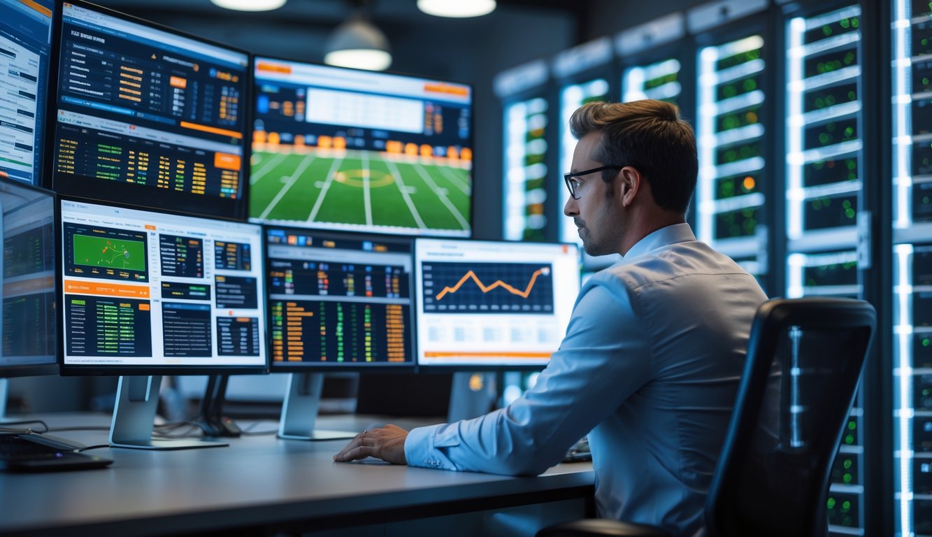 Seorang profesional sedang menganalisis data olahraga di depan beberapa monitor komputer dengan rak server stabil di latar belakang.