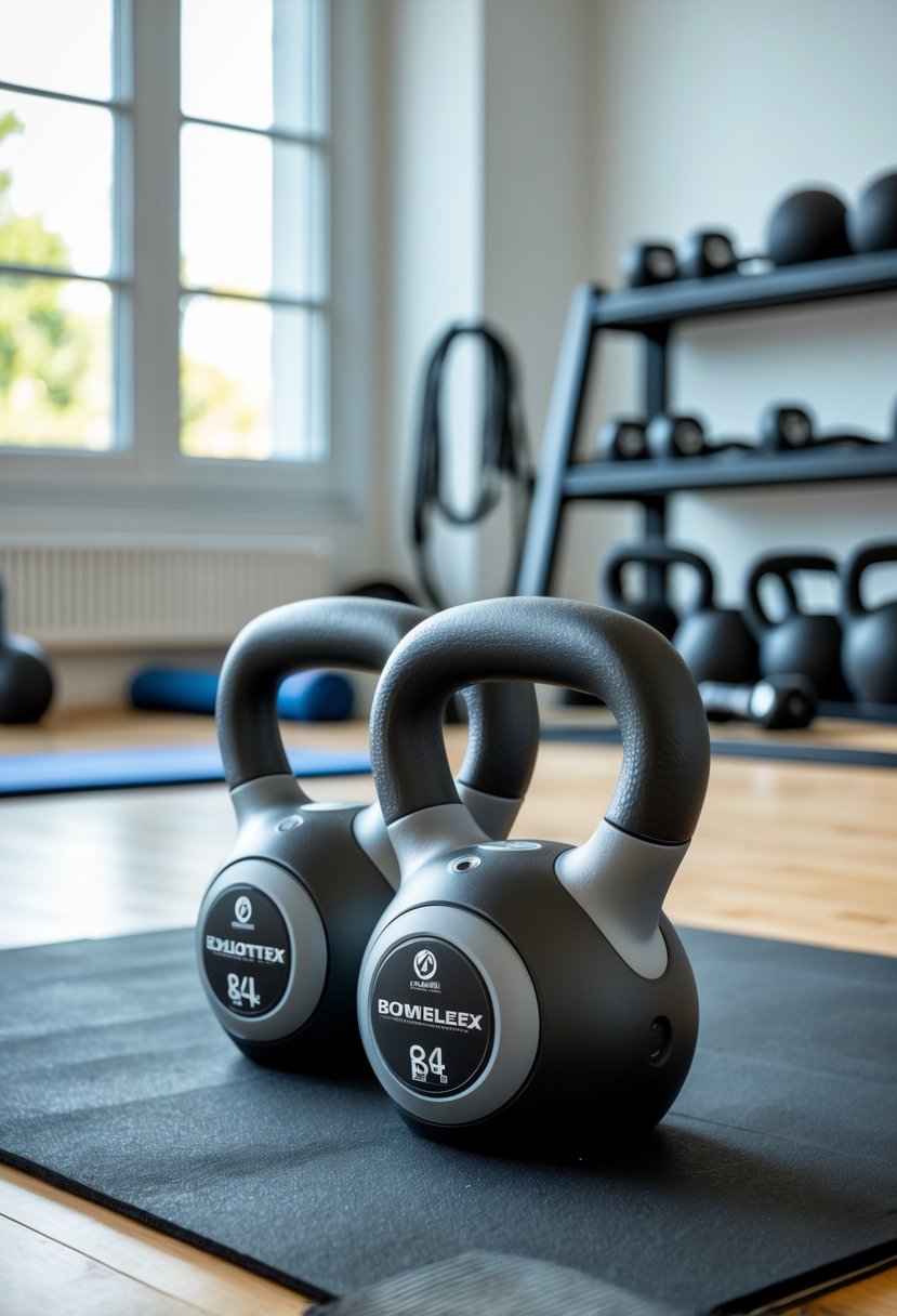 Adjustable kettlebells on a mat in a bright, organized home gym with other workout equipment in the background.