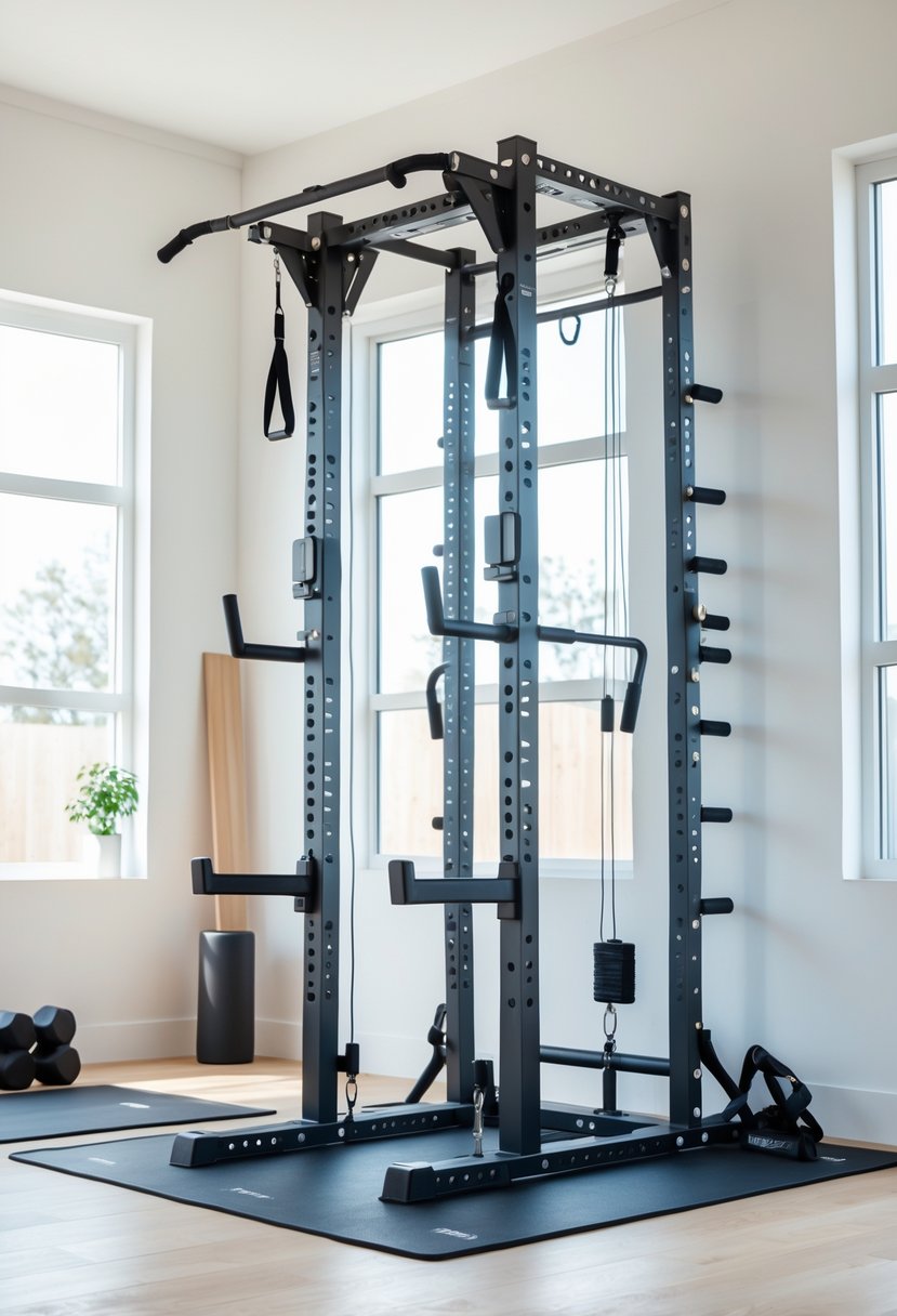 A home gym with a power tower station for bodyweight exercises in a clean, well-lit room.