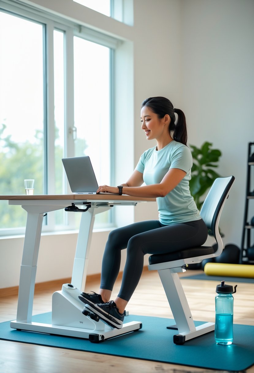 Person using an under-desk pedal exerciser while seated at a desk in a bright home gym room.