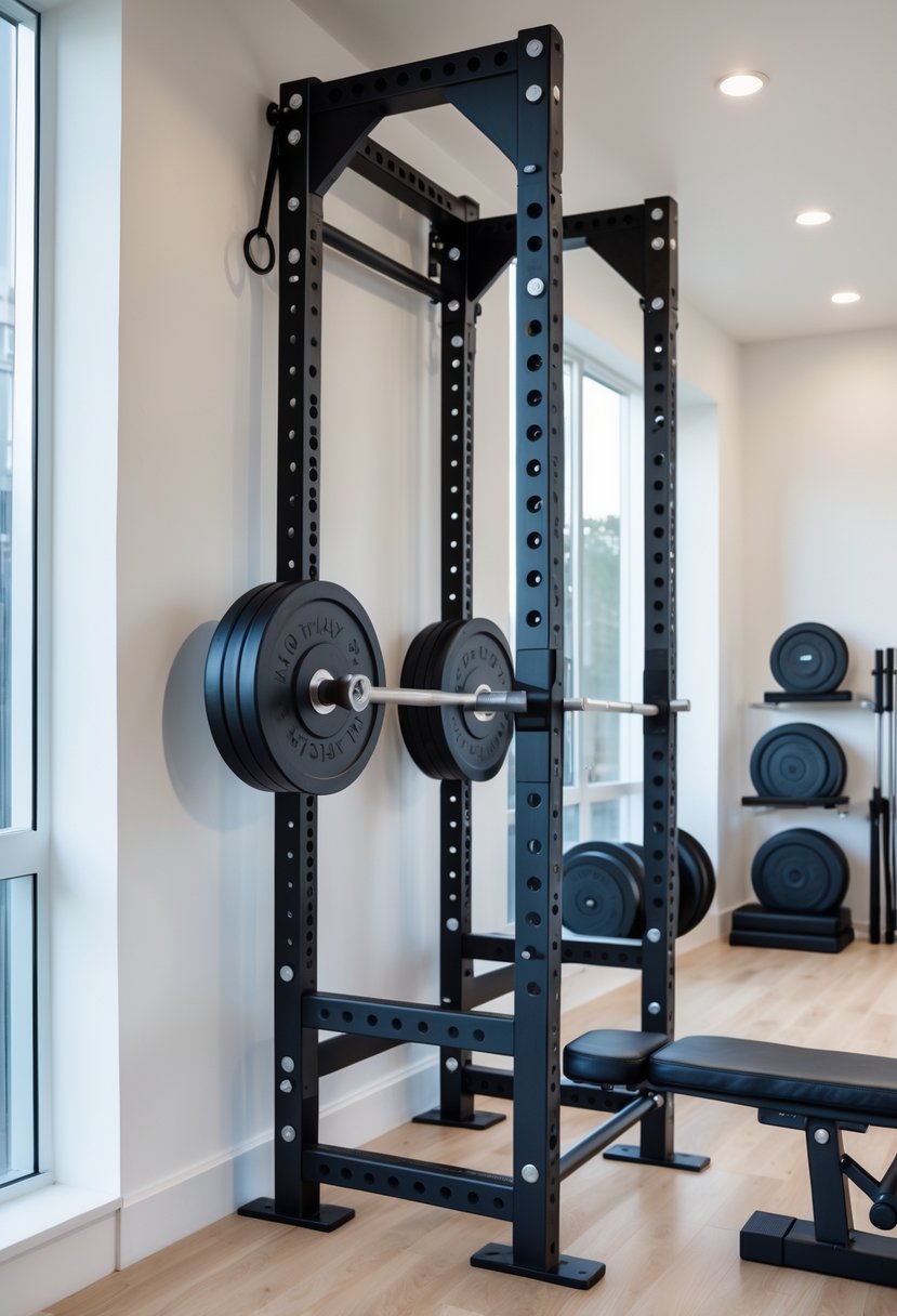 A fold-away squat rack mounted on a wall in a home gym with weight plates and barbell nearby.
