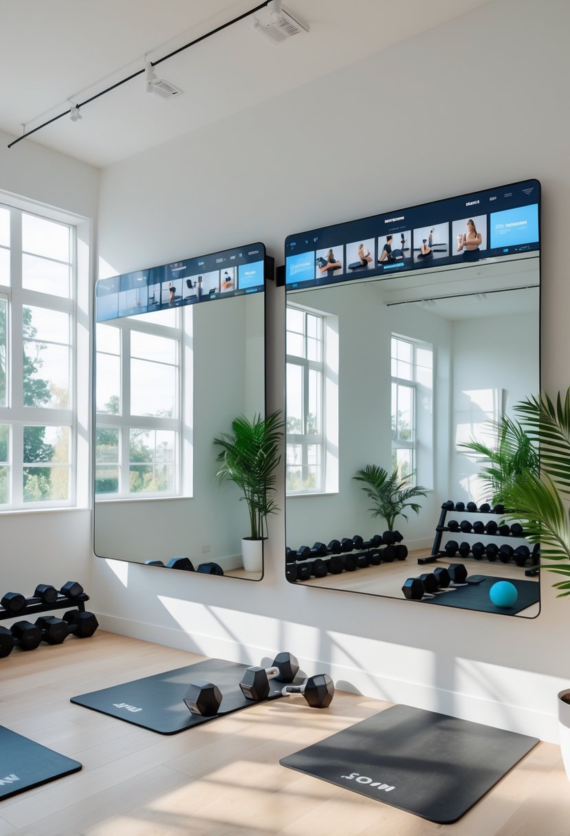A modern home gym with smart mirrors displaying fitness content, workout equipment, and natural light coming through large windows.