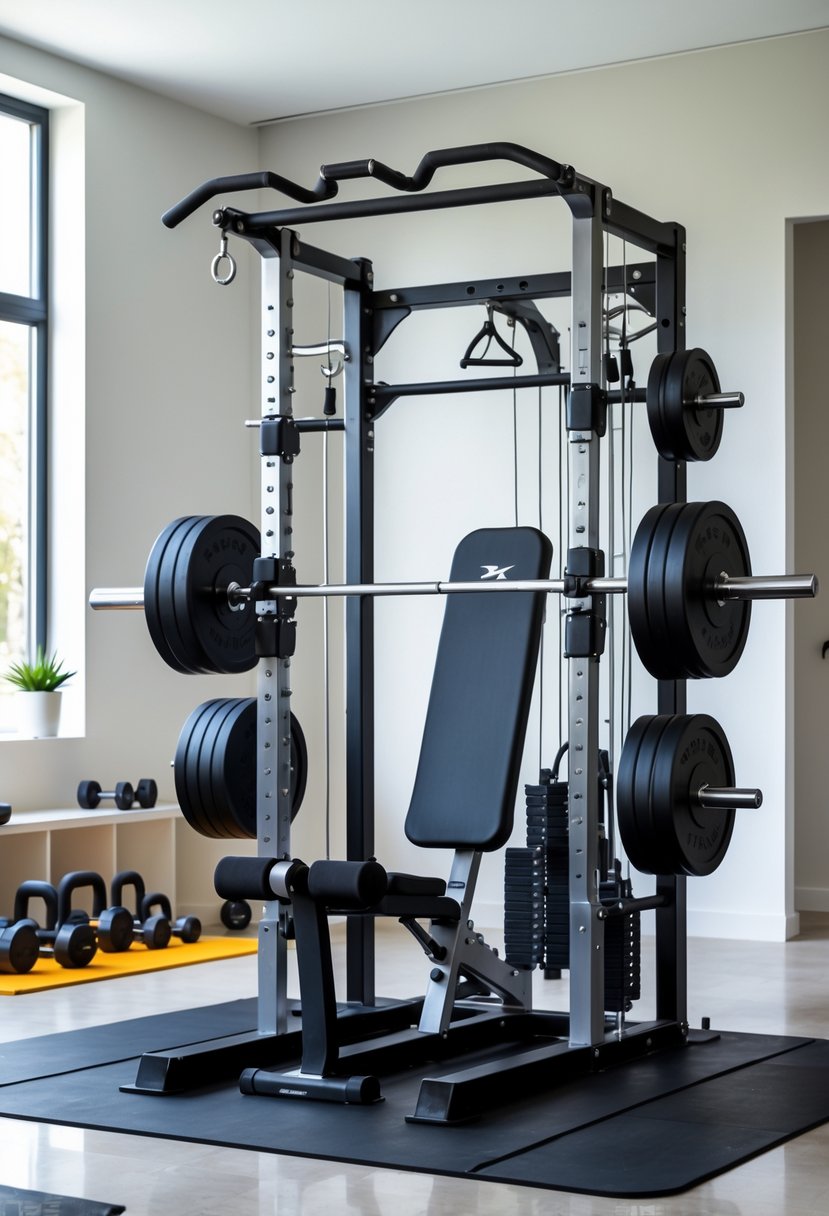 Compact Smith machine in a clean, well-lit home gym with weights and workout accessories.