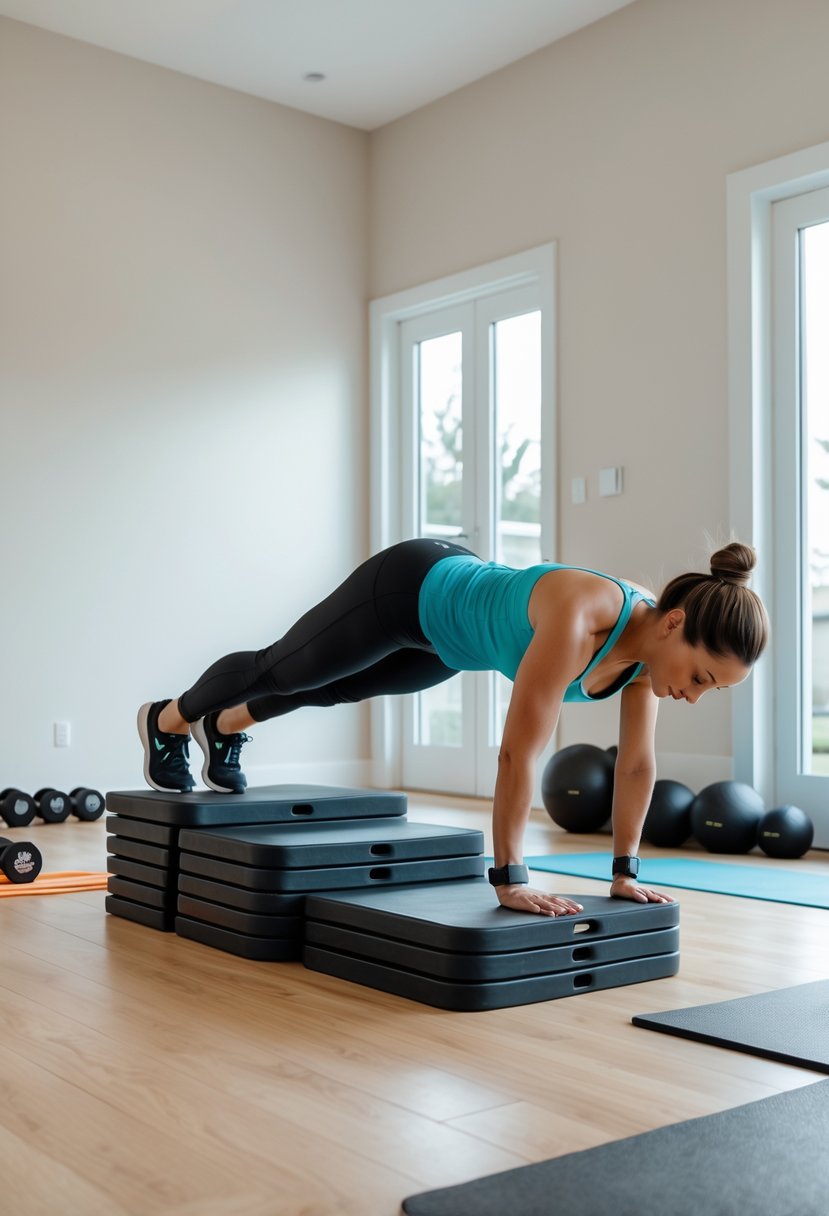A person performing elevated bodyweight exercises using stacked aerobic steps in a home gym.