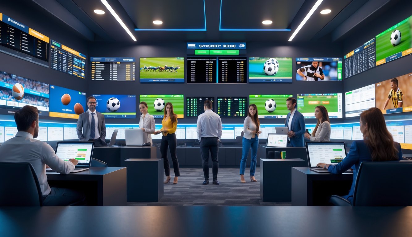 Orang-orang menggunakan perangkat digital di ruangan modern dengan layar besar menampilkan berbagai pertandingan olahraga dan perangkat server di latar belakang.